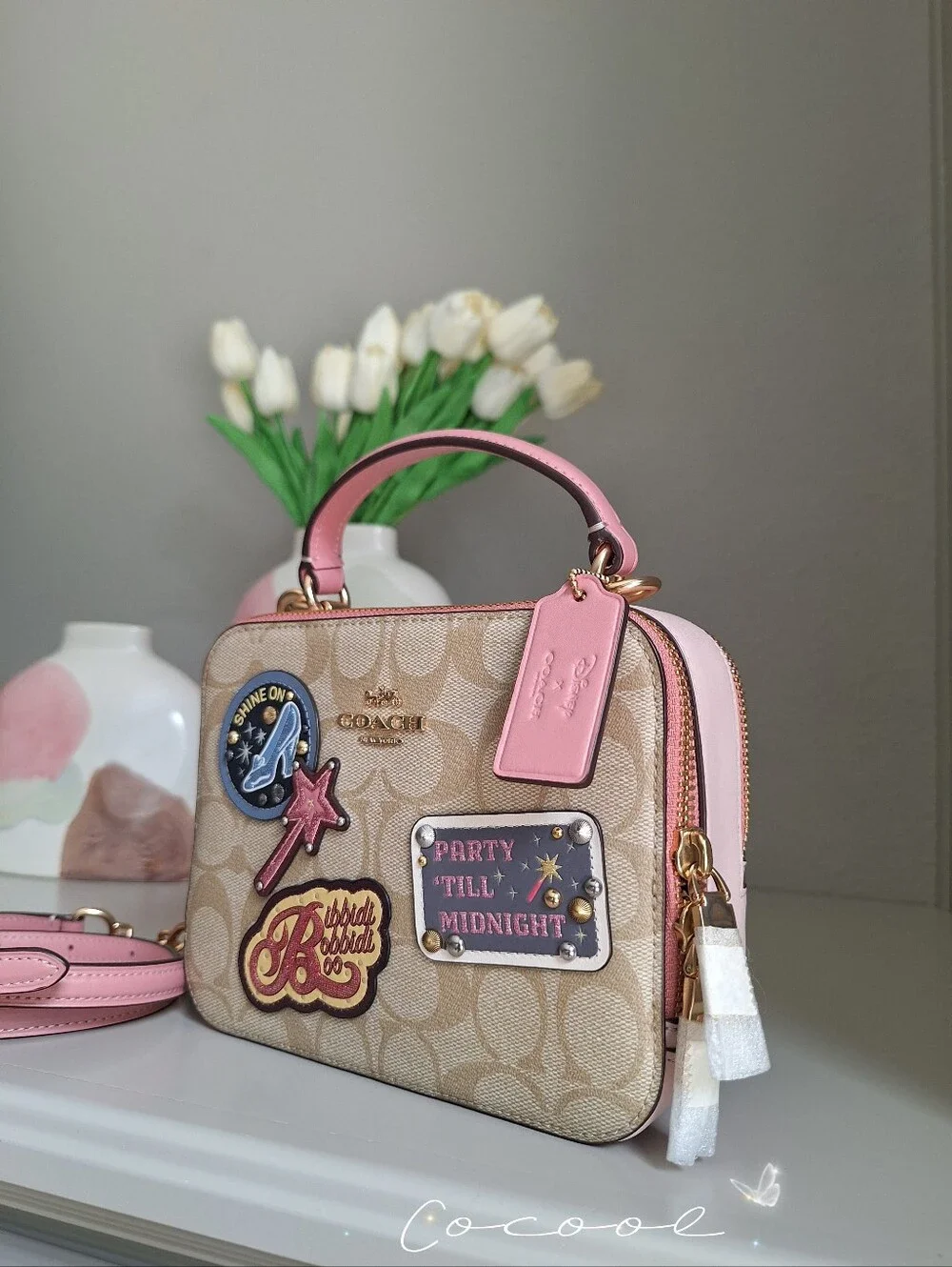 NWT Disney x Coach Cinderella Box Crossbody Bag Signature Canvas Khaki Pink Rare